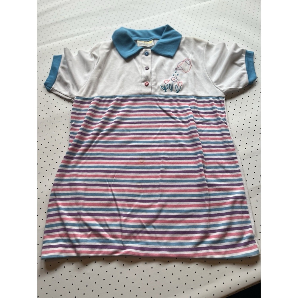 Vintage Pastel Stripe Embroidered Polo Shirt Garden Grandma Core Top